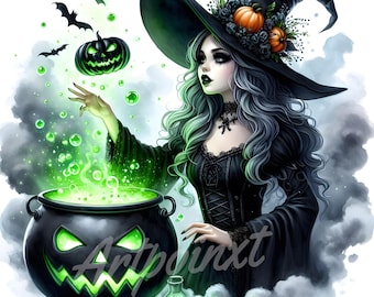 10 Halloween Witch Set, Spooky Witch Clipart, Printable Watercolor Clipart, High Quality JPEGs, Digital Download, Paper Craft, Journaling