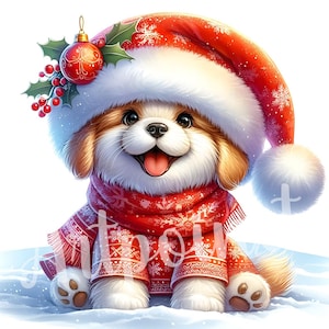 Clipart chiot de Noël | Lot de 20 | JPEG 300 ppp haute qualité | Animaux d'hiver | Animaux de vacances mignons, créations numériques de Noël en papier