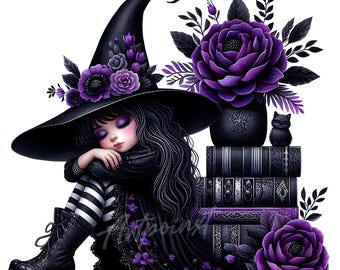 10 Gothic Witch Girl Clipart Set JPG | Dark Aesthetic Art Bundle | Halloween Sublimation | Witchy Digital Download | Spooky Gothic Graphics