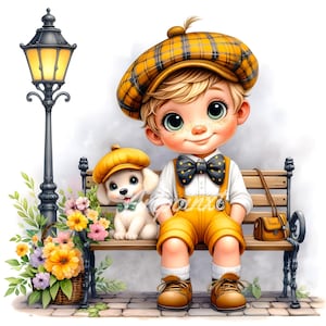 10 Little Boy with Dog Clipart Set | Watercolor Boys and Dogs | Digital Download JPEGs | Scrapbooking Journaling Paper Crafts