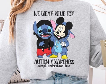 Maglietta "We Wear Blue For Autism Awareness", maglietta "Topolino e Stitch sull'autismo", maglione per l'accettazione dell'autismo, felpa Disney sulla neurodiversità