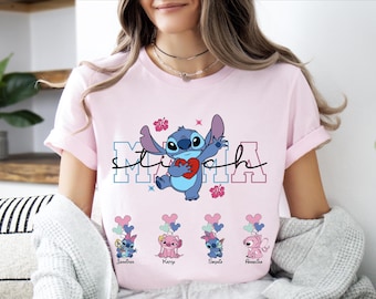 Stitch Mama Shirt, Mother's Day T-Shirt, Disney Mama Sweatshirt, Stitch And Angel Sweater, Mama With Kids Names Tee, Disney Mama Sweater