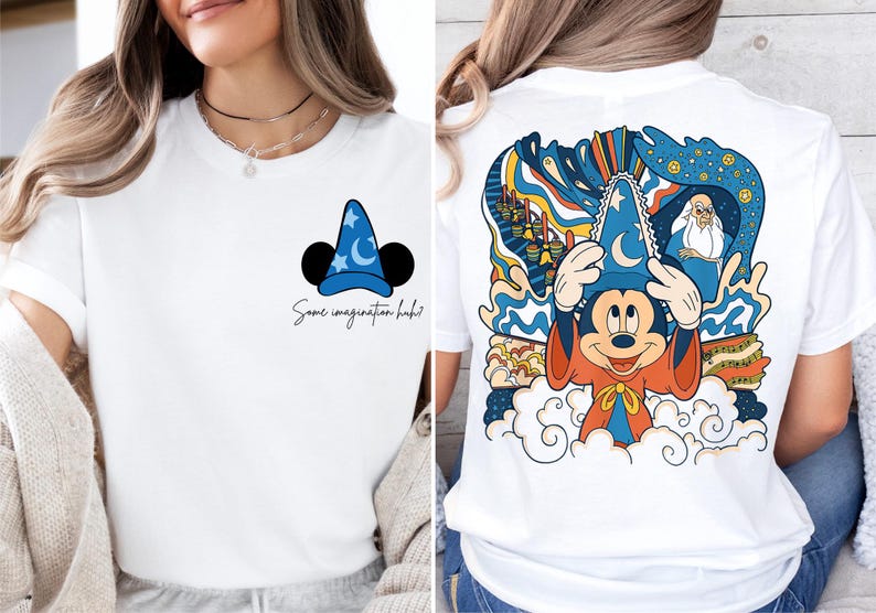 a woman wearing a mickey mouse t - shirt