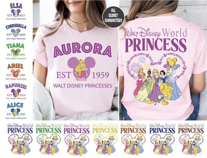 a woman wearing a pink shirt with princesses on it