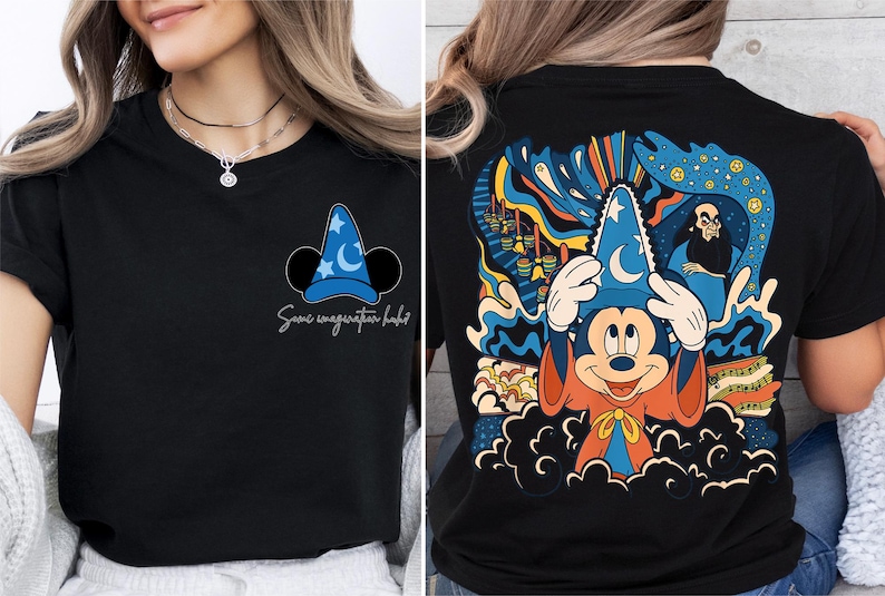 a woman wearing a mickey mouse t - shirt