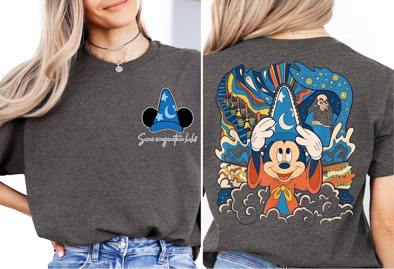 a woman wearing a mickey mouse t - shirt