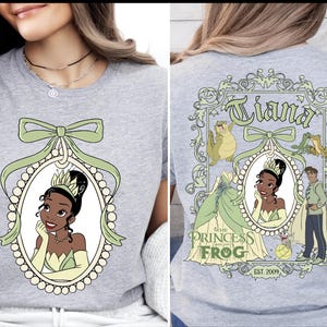 The image is a collage of two photos of a woman wearing a gray t-shirt with a design featuring a princess and a frog.