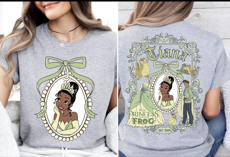 The image is a collage of two photos of a woman wearing a gray t-shirt with a design featuring a princess and a frog.