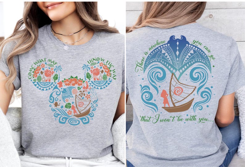 a woman sitting on a bench wearing a mickey mouse shirt