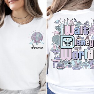 A woman wearing a white t-shirt with a Disney World logo and various Disney-themed illustrations on the back.