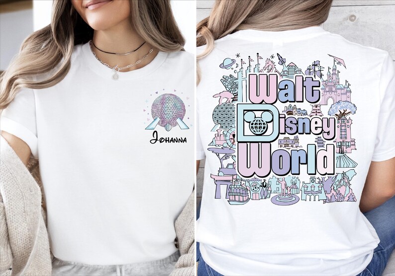 A woman wearing a white t-shirt with a Disney World logo and various Disney-themed illustrations on the back.