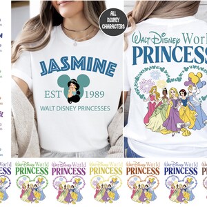 a woman wearing a disney princess t - shirt