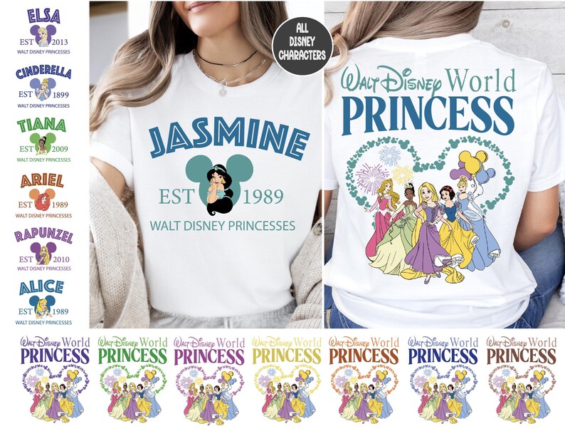 a woman wearing a disney princess t - shirt