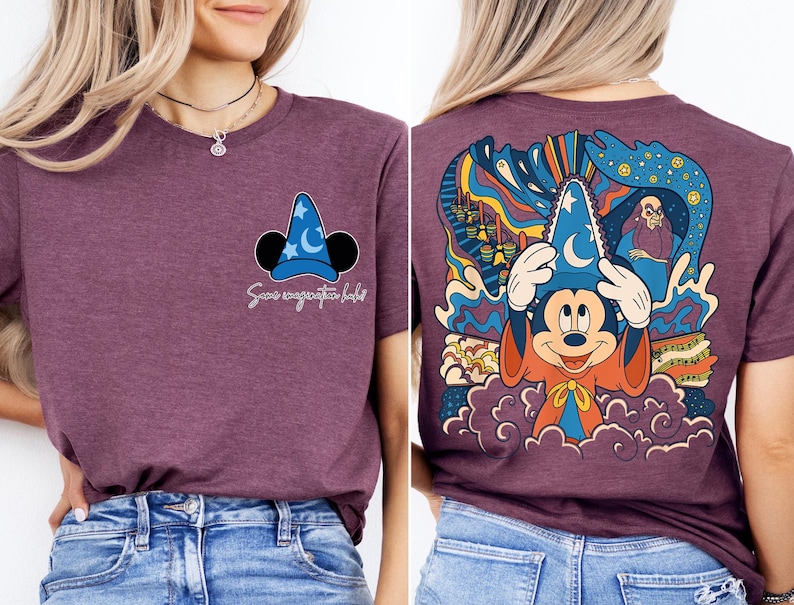 a woman wearing a purple shirt with mickey mouse on it