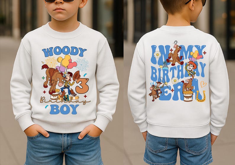 A boy wearing a white sweatshirt with a cartoon character from Toy Story printed on it, celebrating his birthday.