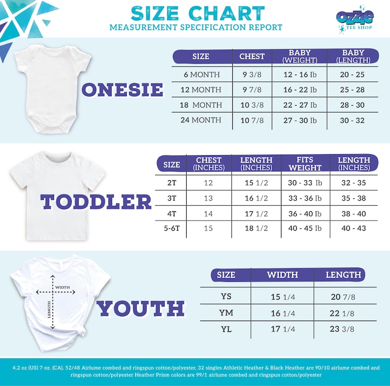 the size chart for a baby's bodysuit