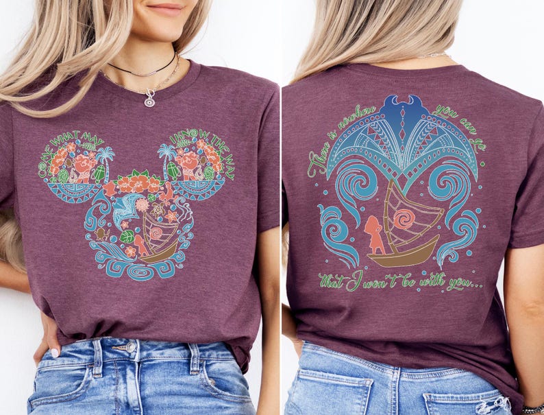 a woman wearing a mickey mouse t - shirt