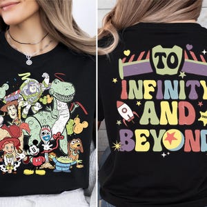 a woman wearing a t - shirt that says to infinity and beyond