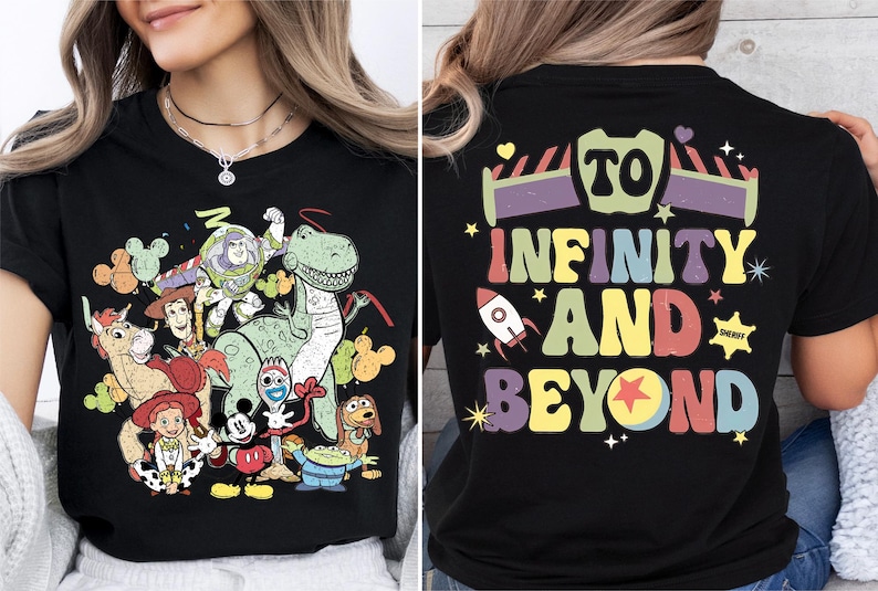a woman wearing a t - shirt that says to infinity and beyond
