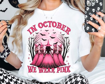 En octubre usamos camiseta rosa, camiseta rosa de bruja de Halloween, suéter de superviviente de cáncer, sudadera de concienciación sobre el cáncer de mama, camiseta rosa de concienciación