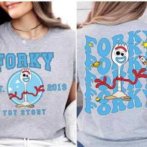 two pictures of a woman wearing a forky shirt