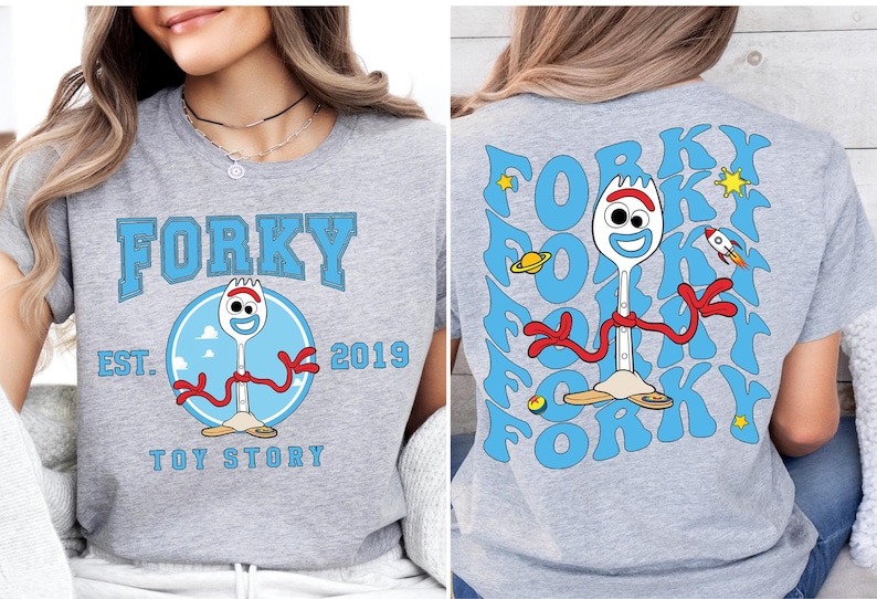 two pictures of a woman wearing a forky shirt