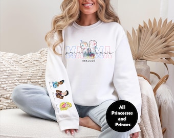 Sudadera Disney Princess Mama, camiseta personalizada con nombres para niños, camiseta de princesas y príncipes, camiseta Disney Mama, suéter para el Día de la Madre, camiseta Mom Life