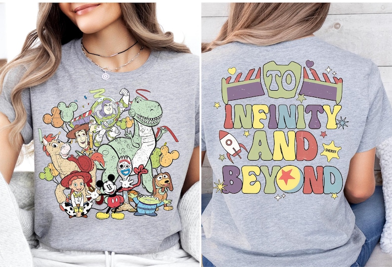 a woman wearing a t - shirt with cartoon characters on it