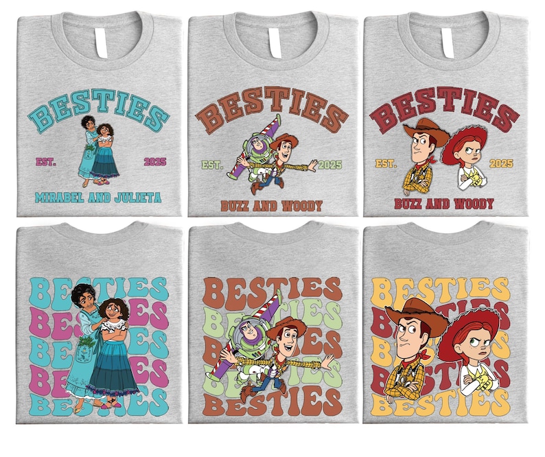 four t - shirts with cartoon characters on them
