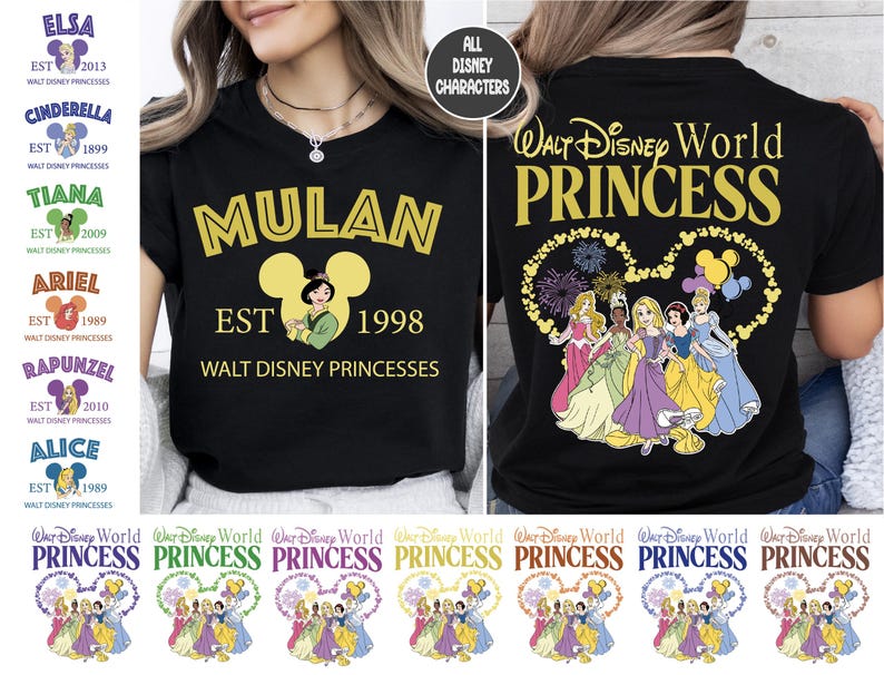 a woman wearing a black shirt with disney princesses on it