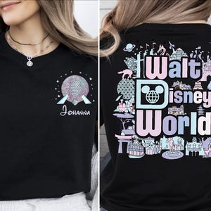 The image is a collage of two photos. The left photo shows a woman wearing a black t-shirt with a graphic design featuring a globe and the text "Walt Disney World" on the front. The right photo shows the back of the same t-shirt, featuring a colorful graphic design with various Disney-themed elements such as a Mickey Mouse logo, a castle, and a roller coaster.