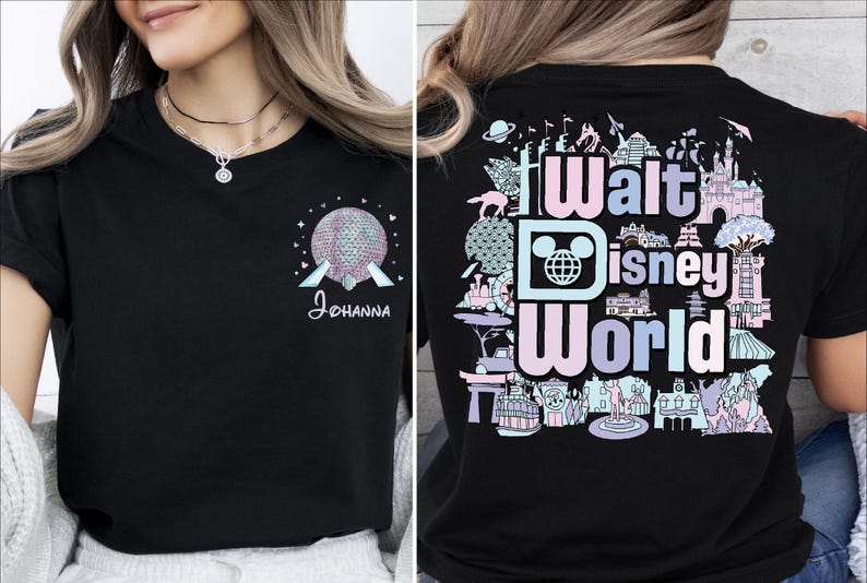 The image is a collage of two photos. The left photo shows a woman wearing a black t-shirt with a graphic design featuring a globe and the text "Walt Disney World" on the front. The right photo shows the back of the same t-shirt, featuring a colorful graphic design with various Disney-themed elements such as a Mickey Mouse logo, a castle, and a roller coaster.