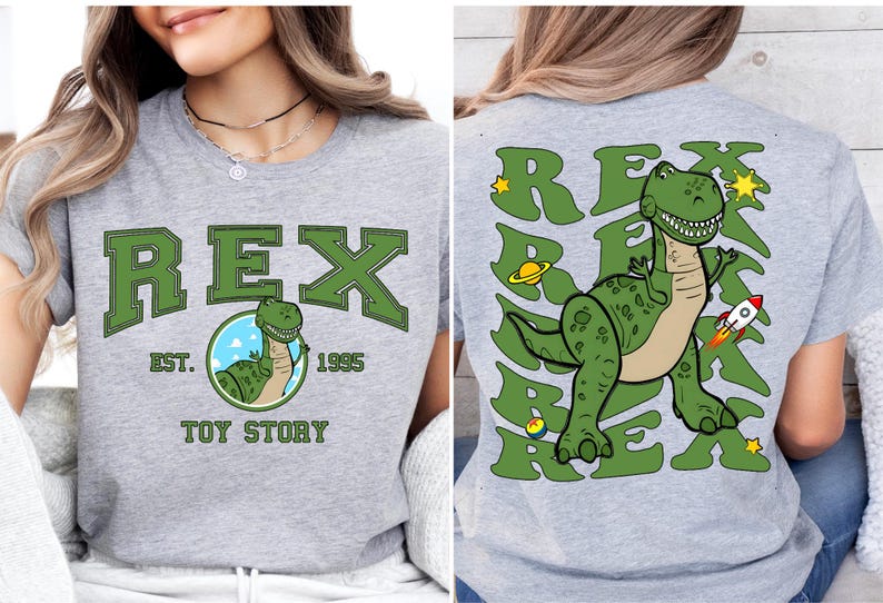 a woman wearing a t - shirt with a dinosaur on it