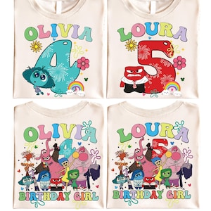 May include: Two white t-shirts with colorful text and graphics. The first shirt says "Olivia 4" with a blue character from the movie Inside Out. The second shirt says "Loura 5" with a red character from the movie Inside Out. Both shirts have the text "Birthday Girl" at the bottom.