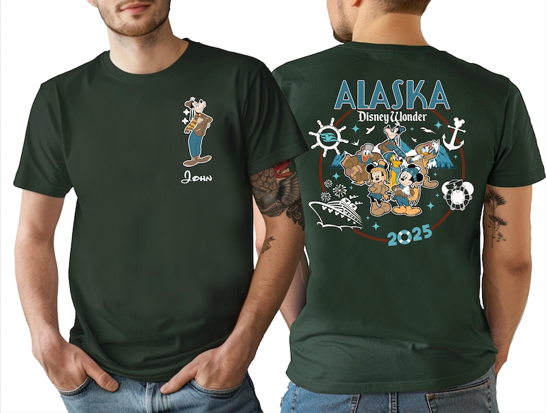 a man wearing a green t-shirt with a graphic design on the back.