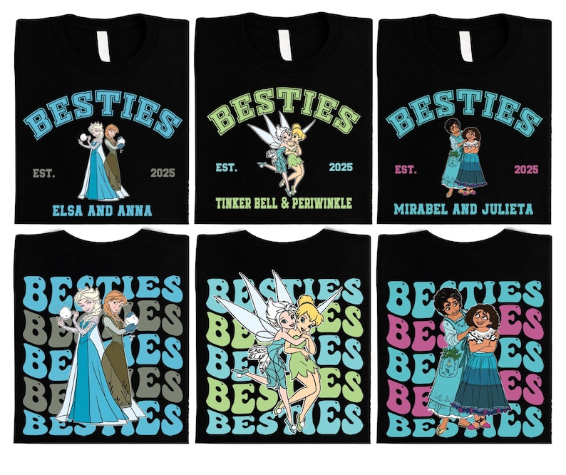 four t - shirts with cartoon characters on them