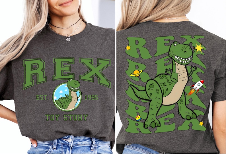 a woman wearing a t - shirt with a dinosaur on it