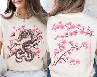 Maglietta con drago Sakura, maglietta con fiori di ciliegio rosa, maglione con ciliegio giapponese, regalo per gli amanti del Giappone, maglietta con drago asiatico, maglietta con fiori di ciliegio