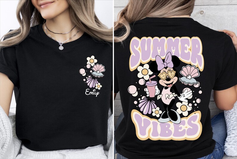 a woman wearing a black shirt that says summer vibes