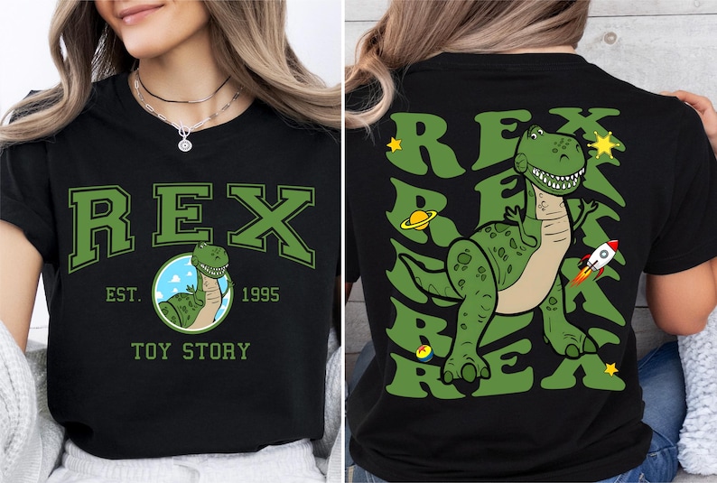 a woman wearing a t - shirt with a dinosaur on it