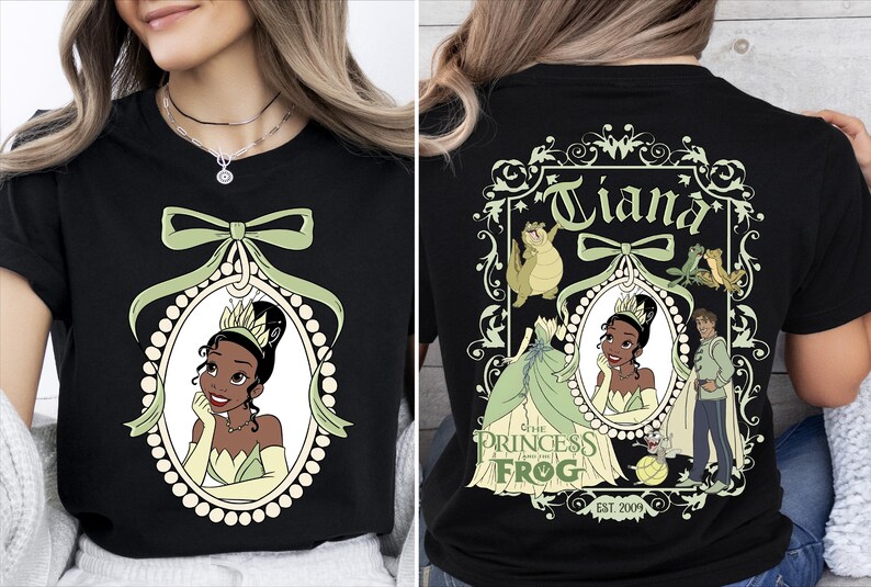 The image is a collage of two photos. The left photo shows a woman wearing a black t-shirt with a graphic of a princess and a frog, while the right photo shows the back of the same t-shirt with the text "Tiana" and "The Princess Frog" printed on it.