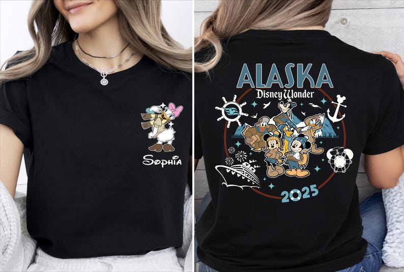 The image is a collage of two photos. The left photo shows a woman wearing a black t-shirt with a Disney character and the text "Sophia" printed on it. The right photo shows the back of a black t-shirt with the text "Alaska Disney Wonder" and the year "2025" printed on it.