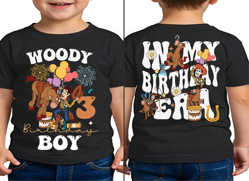 a young boy wearing a woody birthday shirt