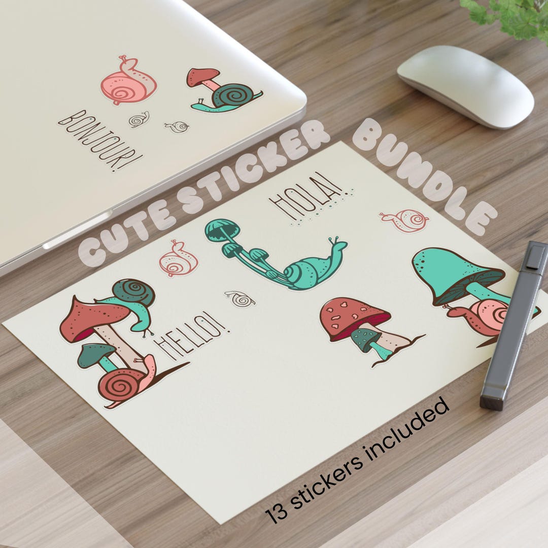 Cute Snail Stickers Pack, Hello, Bonjour, Hola Transparent Decal Sheet ...