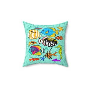 Tropical Fish Polyester Square Pillow, Beach House Decor, Coastal Cushion, Ocean Lover Gift, Fisherman Aesthetic, Decorative Throw Pillow