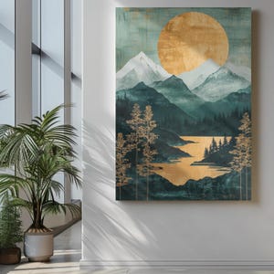 Japanese Landscape wall Art, Sage Green And Gold Japandi Wall Art, Japanese Mountain Landscape Wall Art , Japandi Canvas Wall Art, Wabi Sabi