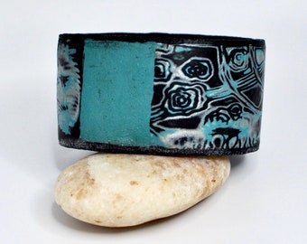 Aqua, Silver and Black Handmade Bangle Bracelet