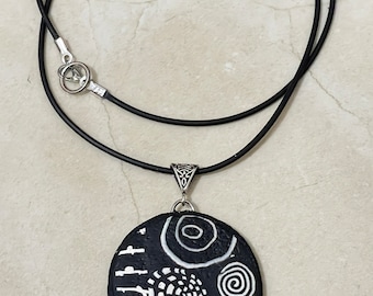 Handmade Black and White Designed Round Polymer Clay Necklace