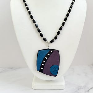Handmade Polymer Clay Statement Necklace: Bold Black, White, Blue & Purple