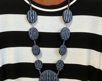 Navy Blue and White Handmade Necklace, Unique Design Necklace Jewelry